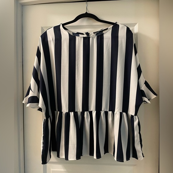 Black Tape Women's Blue & White Peplum Top - Picture 2 of 3